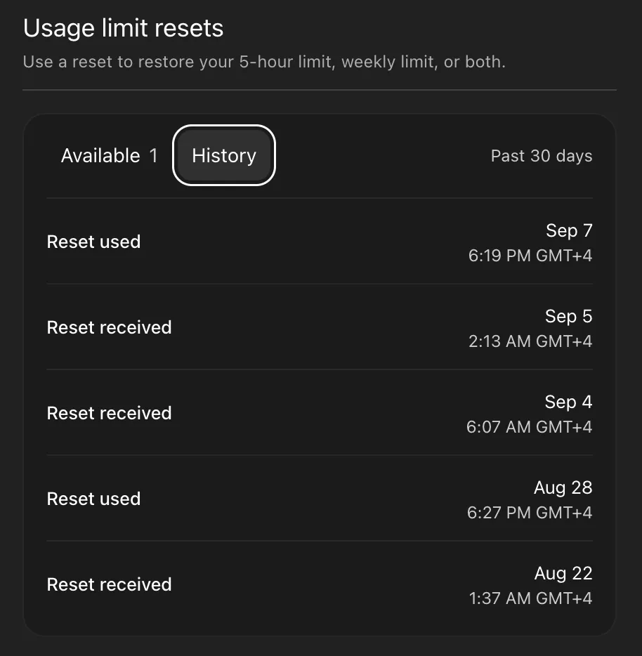 ChatGPT Plus usage-limit reset history with the latest reset used on September 7